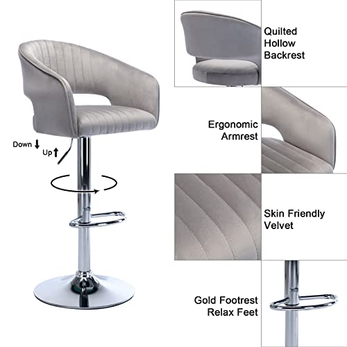 Zsarts Grey Bar Stools Set Of 2, Upholstered Velvet Swivel Barstools With Back Modern Adjustable Kitchen Dining Chairs With Silver Footrest For Pub Island Home Bar Dining Room, Grey #TOP2