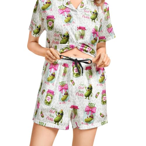 Image of Silk Satin Pajama Set for Women Summer Lounge Pjs Sets 2 Piece Suit Ladies Button Down Tops And Shorts Sleepwear