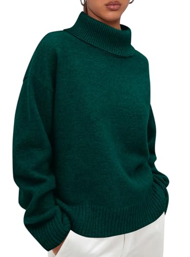 PRETTYGARDEN Womens Turtleneck Long Sleeve Sweater 2025 Fall Trendy Loose Fit Casual Tops Chunky Knit Pullover Sweaters (Dark Green,Medium)