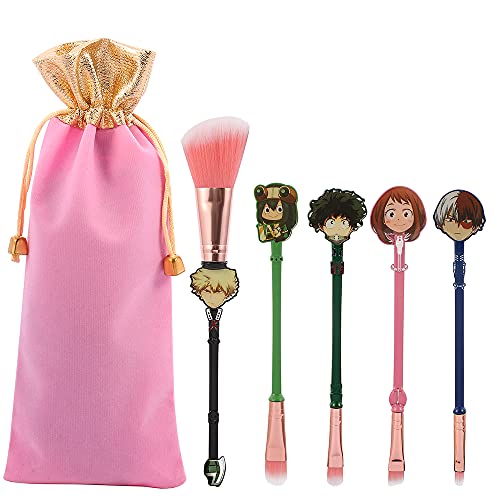 Zloveyu 5Pcs My Hero Academia Theme Cosmetic Brush Set with Cute Pink Pouch,Rose Gold Alloy Handle Foundation Powder Flat Eyeline Blush Brushes