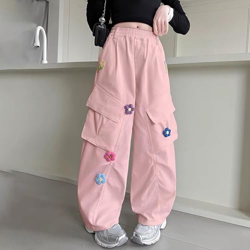 Girls Baggy Sweatpants Cargo Wide Leg Elastic Waist Pink Y2K Athletic Joggers Dance Running (Pink, 9-10 Years)2