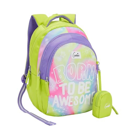 Image of Genie Awesome School Backpack for Girls |15 In-20 Ltr with Three Compartments,Side Pockets and Light Weight with Padded Shoulders |Best for Books,Stationery, Lunch Box & Essentials - Green