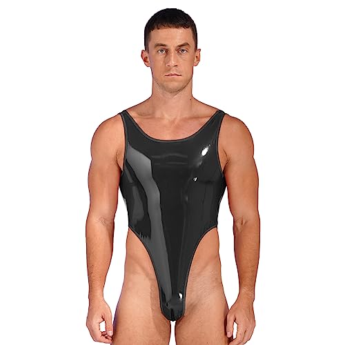 FEESHOW Herren Wetlook Body Unterhemd Männer Body Sexy Bodysuit Lack Leder Overall Stringbody Ouvert Unterwäsche Schwarz XL