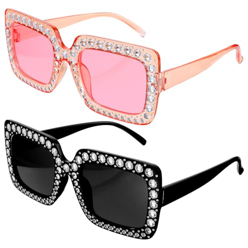 2 Pcs Oversized Glasses for Women, Square Sparkling Sunglasses Thick Frame Bling Crystal Sunglasses