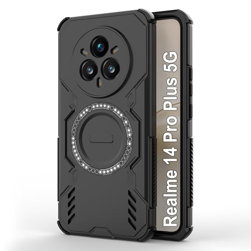 Image of amazon basics Back Case Cover for Realme 14 Pro Plus 5G | MagSafe Case with Built-in Metal Ring | Supports MagSafe Charger, Wallet & Car Mount | Shockproof Hybrid PC + TPU | Black