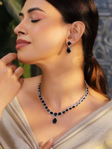 Image of Rubans Necklace Set Rhodium Plated Crystal Studded Jewellery Gift for Women & Girls