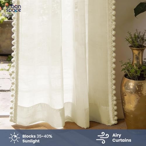 Image of Urban Space Sheer Solid Curtain for Door, 35-40% Room Darkening Curtain with Tieback and Eyelet Hanging Style, Set of 1 Decorative Curtains for Home Decor (Buttercream with pom pom, Door-8ft)