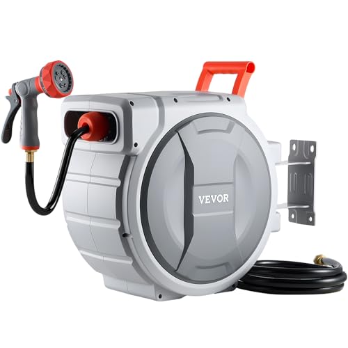 Image of VEVOR Retractable Garden Hose Reel, 1 /2 in x 100 ft, Wall Mounted Hose Reel with 9-Function Sprayer Nozzle and 180 Swivel Bracket, Any Length Lock, Automatic Slow Rewind System, for Garden Watering