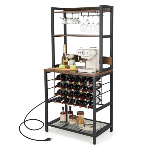 Image of Giantex Bakers Rack with Storage Hutch, Power Outlet & USB Port, Coffee Bar 24-Bottle Wine Rack & Glass Holder, 4.9FT Power Cord, 4-Tier Microwave Stand, Industrial Kitchen Shelf