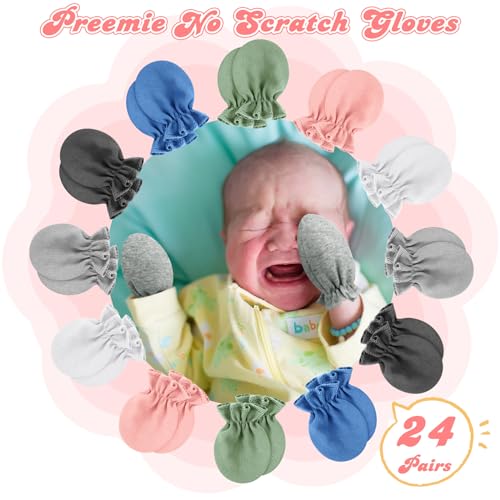 Vabean 24 Pairs Preemie Baby Mittens No Scratch Cotton Gloves Premature Baby Girl Mittens for Nicu Preemie Boys Girls Newborn2