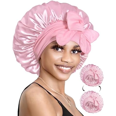 BONNET QUEEN Silk Bonnet for Sleeping Satin Bonnet with Tie Hair Wrap Double Layer Sleep Cap for Women Curly Hair, Pink Cover