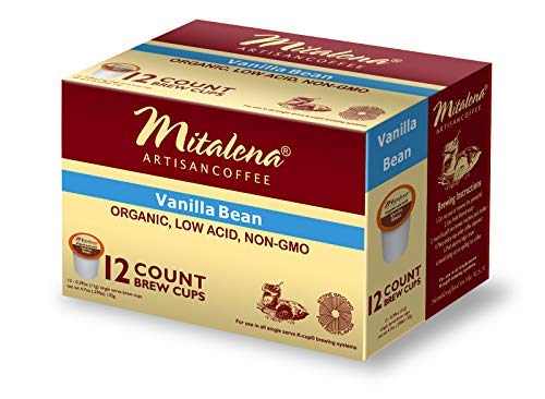 Mitalena Artisan Vanilla Bean Low Acid Coffee Pods for Keurig - Medium Roast K Cups for Acid Reflux Prevention - 72 Count, Organic Coffee with Vanilla Flavor