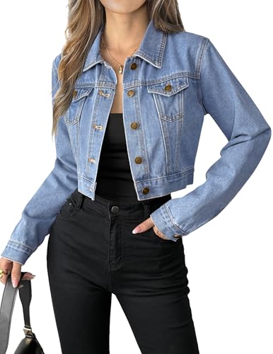 Grabsa Blue Jean Jackets for Women Casual Button Down Long Sleeve Denim Jacket Crop Top Jacket
