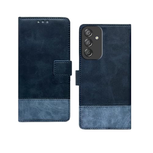 Image of amazon basics Flip Cover | Dual-Tone PU Leather Finish | Wallet Style & Stand | Magnetic Flip Case for Samsung Galaxy F15 5G / M15 5G / M15 Prime 5G (Navy & Light Blue)