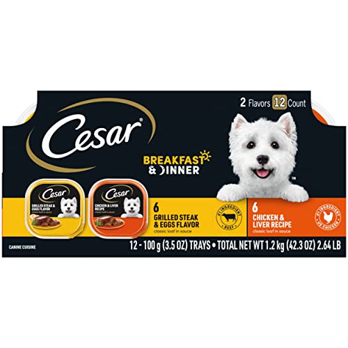 CESAR Wet Dog Food Classic Loaf in Sauce Breakfast and Dinner Mealtime Variety Pack, 3.5 oz. Easy Peel Trays (12 Count, Pack of 1)