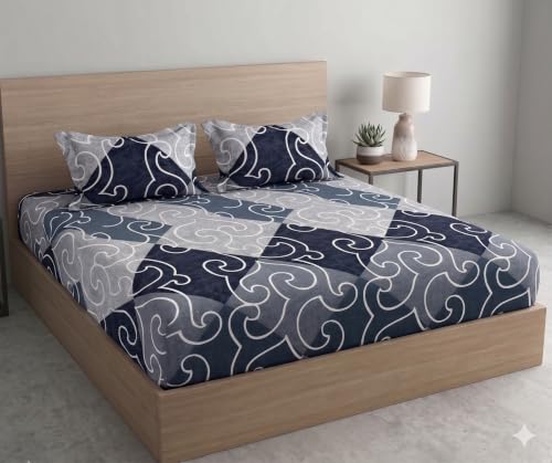 Image of DECOMIZER Cotton Feel All Around Elastic Fitted Glace Printed Queen Size Double Bed Bedsheet with 2 Large Pillow Covers Fits Upto Mattress of 8 Inches,Size - 60 x 78 x 10 Inches, Big Box Blue