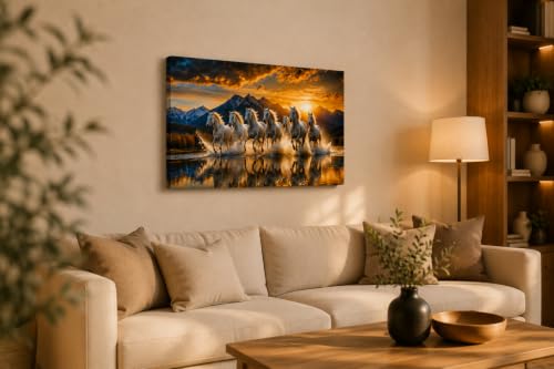 Image of 7 Horse Vastu Sunrise Canvas Painting | Positive Energy Wall Decor | Big Size Premium Running Horses Artwork for Home, Office & Hall Decoration (Modern, Hills White, 26x18 Inch)