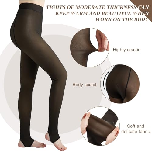Image of Eurzom 3 Pairs Fleece Lined Stirrup Tights Women Fake Translucent Thermal Elastic Skin Colored Tights Warm Pantyhose