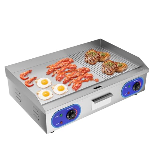 TAIMIKO Commercial Electric Griddle Stainless Steel Grill BBQ 73cm Large Hotplate,Double UK Plug,4400W Burger Bacon Kitchen Barbeque Countertop (2/3 Flat + 1/3 Groove)