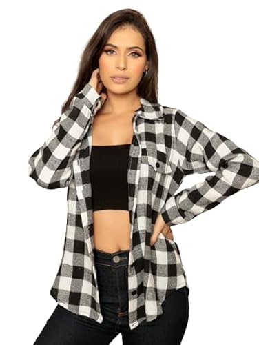 Blusa Camisa Feminina Xadrez Flanelado R054 (Preto e Branco, M)