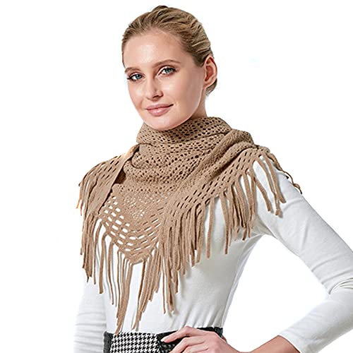 KOEMCY Bufanda Triangular Mujer Fular Punto Larga Cachemira Sintética Con Flecos Estolas Otoño Invierno Chal (Caqui)