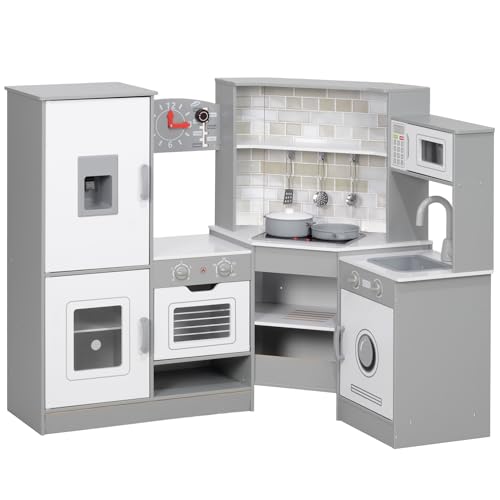 AIYAPLAY Cocina de Juguete para Niños +3 Años Cocina de Madera Infantil Esquina con Sonido Fogón Horno Grifo Fregadero Microondas Lavadora Máquina de Hielo y Accesorios de Cocina Gris