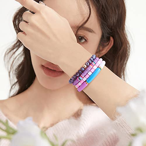 8Pcs Heishi Surfer Bracelet Set - Stackable Preppy Bracelet Acrylic Bamboo Tube Bracelet Synthetic Imperial Jasper & Glass Bead Stretch Bracelets Aesthetic Boho Jewelry3
