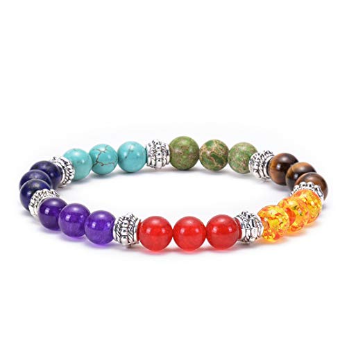 GelConnie 7 Chakra Bracelets Reiki Healing Crystal Stretch Bracelets Natural Gemstone Yoga Beads Bracelets Energy Balance Meditation Elastic Bracelets Anti Anxiety Relax Bangle for Women, Men