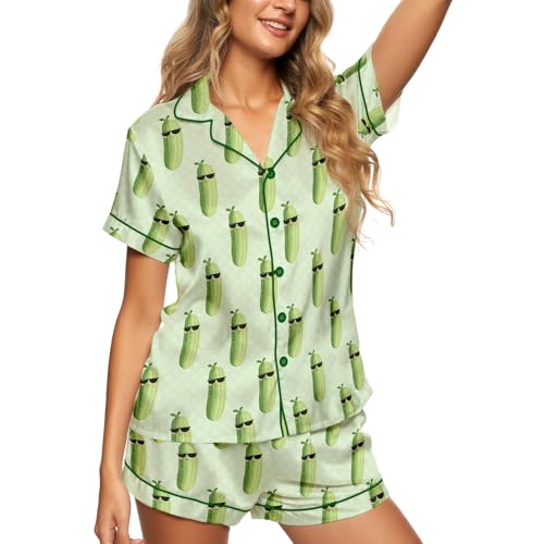ELUNORUS Womens Soft Silky Satin Pajamas Set Button Down Cooling Loungewear 2 Pcs Sleep Short Pajamas for Mom and Grandma Pickle Large