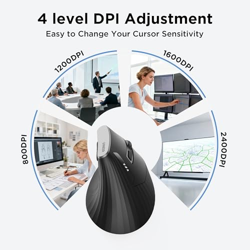 Image of Uineer Wireless Ergonomic Mouse, Bluetooth Mice (BT4.0 /5.0 and 2.4G) Rechargeable Vertical Mouse, 3 Multi-Device Connectivity for PC /Mac /Laptop /Computer, 4 DPI Quiet Clicks for Office, Home-Black