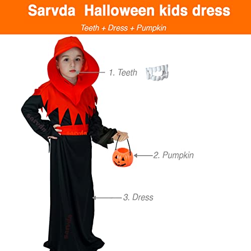 Image of Sarvda Hosiery, Velvet, And Satin Halloween Costume|Halloween Dress For Boys|Witch Costume For Girls (6-7 Years, Vampire Hood (Dress, Pumpkin, Teth)), Multicolor