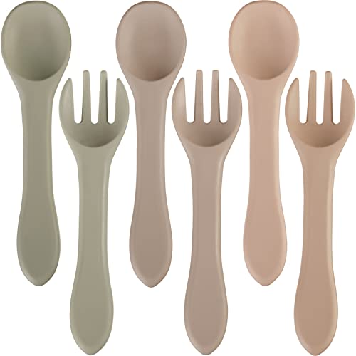 Image of 6 Pieces Silicone Baby Feeding Forks and Spoons Set Hot Safety First Stage Self Feeding Supplies Mini Kids Utensils for over 6 Months Babies Boy Girl Toddlers First Foods (Cream Color)