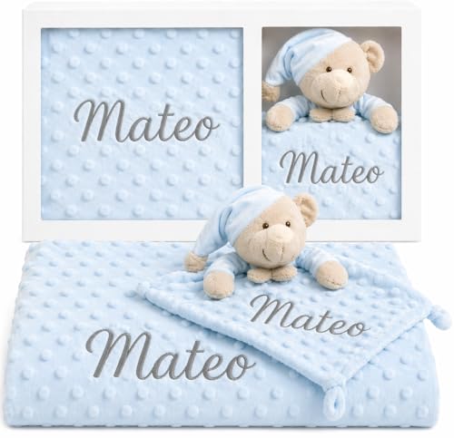mibebestore Pack Manta Bebé Personalizada con Nombre con Doudou Bordado Regalo para Recién Nacido Niño o Niña Mantita Minky Suave 80x100 cm Dou Dou 25x25 cm para Cuna Coche   Oso Azul