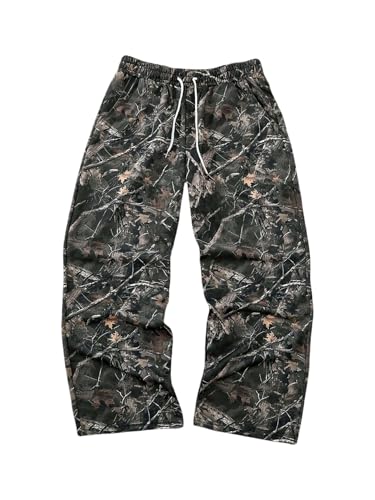 Men's Camo Wide Leg Baggy Pants Drawstring Waist Outdoor Hunting Long Trousers Streetwear