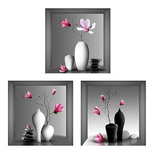 HENGBIRD Lot de 3 stickers muraux 3D pour salon, vase à fleurs, 30 x 30 cm, motif floral moderne, pour chambre à coucher, salon, chambre d'enfant