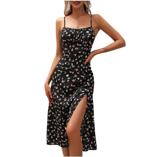Vestidos Verano Mujer,Sin Manga Vestido Mujer de Tirantes Finos Vestidos Mujer Casual con Cuello en Redondo Elegante Vestidos de Fiesta con Flores Impresión Delgado Vestido de Corte Lateral