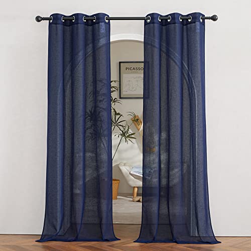 NICETOWN Linen Sheer Curtains for Bedroom, Grommet Semi Sheer Vintage Linen Wave Privacy with Light Filtering Drapes for Living Room, Dark Blue, 36W x