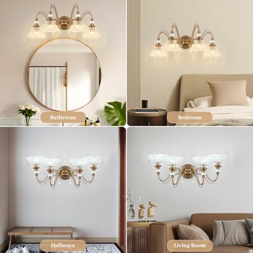 Image of Vintage Bathroom Vanity Light, 4-Light Matte Antique Brass Finish Wall Sconce with Hanging Crystal Accents and Flower-Shaped Clear Glass Shades, Retro Wall Mount Vanity Light Over Mirror for Bathroom