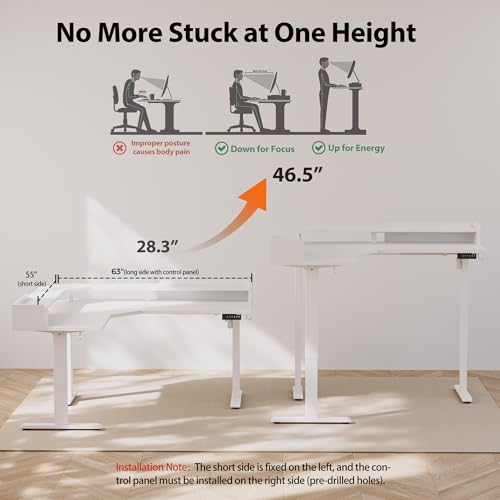 Image of Agilestic L Shaped Standing Desk, Adjustable Height Corner Gaming Desk with Shelf, Sit Stand Up Desk, 63 x 55 Inch Home Office Computer Table, White