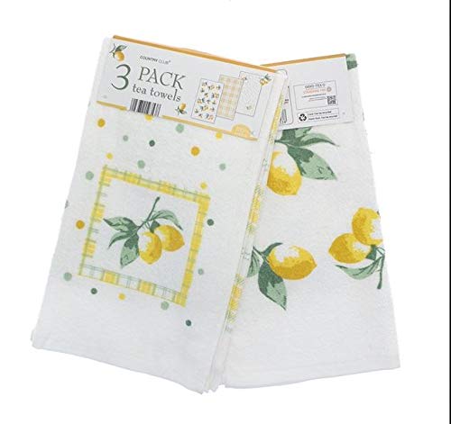 COUNTRY CLUB 3pk Velour Tea Towels, 100% Cotton, 3 patterns in each pack (Lemons)
