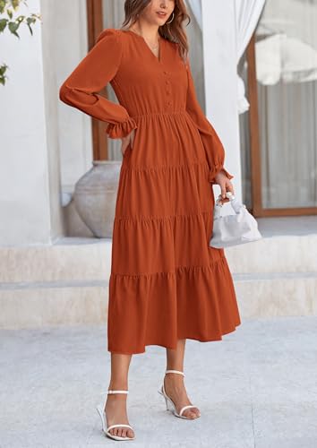 PRETTYGARDEN Long Sleeve Dress for Women 2025 Fall V Neck Tiered Aline Spring Elegant Modest Flowy Wedding Guest Maxi Dresses