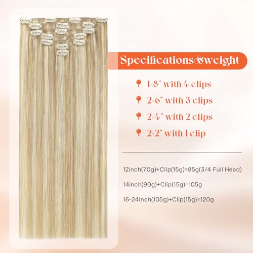 Image of Sunny Hair Clip in Hair Extensions Real Human Hair Blonde Highlight | Remy Hair Clip in Extensions Strawberry Blonde with Silky Smooth Hair and Easy to Blend for Busy Workdays 14 Inch 105g