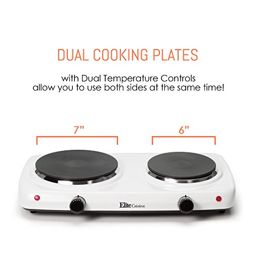 Elite Cuisine Edb-302F Double Countertop Portable Buffet Burner Electric Hot Plate, Dual Temperature Controls, Flat Cast Iron Heating Plates, Power Indicator Lights, Easy To Clean, 1440 Watts, White #TOP1