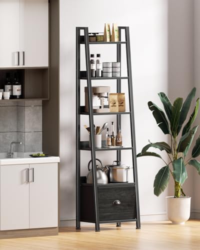 Image of Furologee 6 Tier Ladder Shelf,Ladder Bookshelf with Drawer,Industrial Tall Bookcase,Storage Rack Organizer,Wood Metal Freestanding Shelves for Living Room, Home Office, Bedroom,Black Oak
