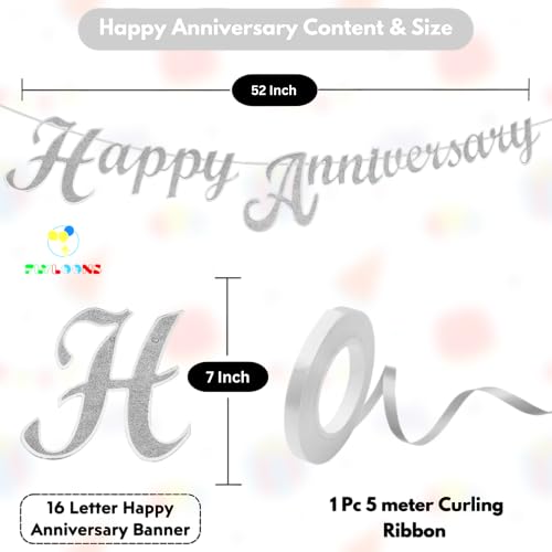 Image of Flyloons Happy Anniversary Banner Silver Decorations Kit for Men Women Wedding Anniversary Banner Items without Balloons