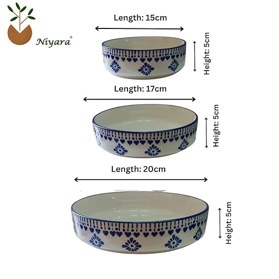 Image of Niyara Stoneware Handmade Ceramic Stylish Premium Serving Bowls, Salad Tray Microwave Dishwasher Safe, Ceramic Flat Serving Bowl Set of 3, Sizes: 600ml, 500ml, 450ml (Salad Chivalry)