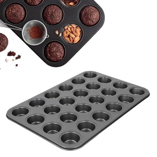 LICAEVEY Round Muffin Baking Pan Nonstick Carbon Steel 24 Cup Cupcake Tray Easy to Clean with Glossy Finish Ideal for Baking Variety of Desserts with Silicone Grip Handles Gray