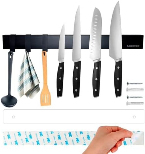 40 cm Barra Imán Cuchillos de Cocina Negra + 3 Ganchos + Tornillo...
