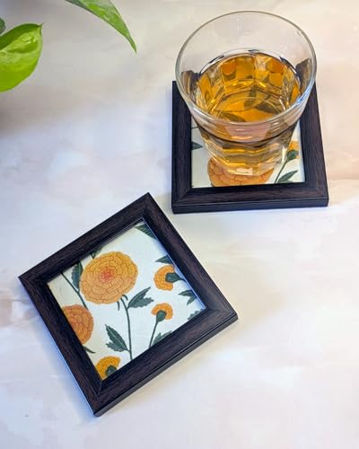 Image of Coaster | Wooden Square Shaped Frame | Stylish Ethnic Tabletop Design | Ideal for Home & Office | Perfect for Tea Cups, Coffee Mugs & Glasses (Marigold, Set of 2)