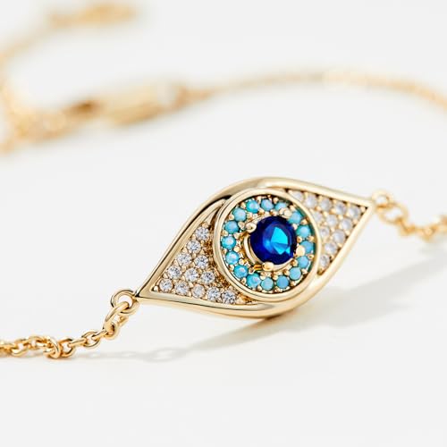 Cicy Bell Evil Eye Bracelet 18k Gold Plated Turquoise Zirconia Link Bracelets Trendy Jewelry Gift for Women Adjustable 5.9" with 1.9'' Extender2